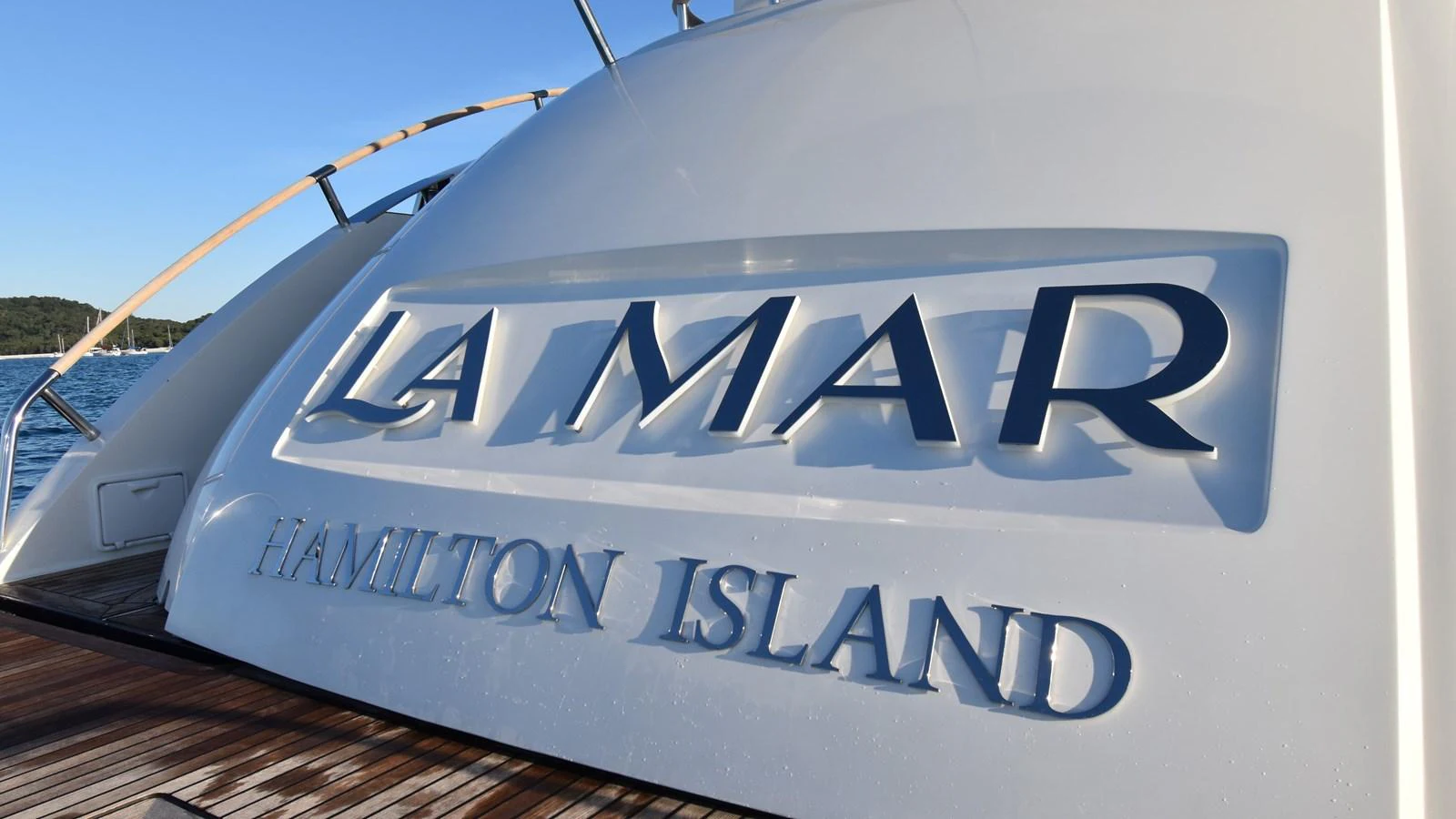 The image showcases the yacht's name and home port elegantly displayed on its stern. aboard LA MAR Yacht for Sale