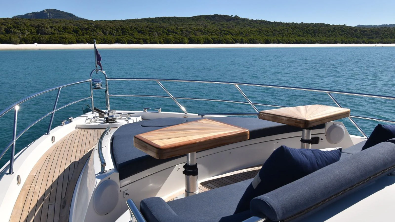 The yacht's bow offers a serene lounging area with comfortable seating and scenic views. aboard LA MAR Yacht for Sale