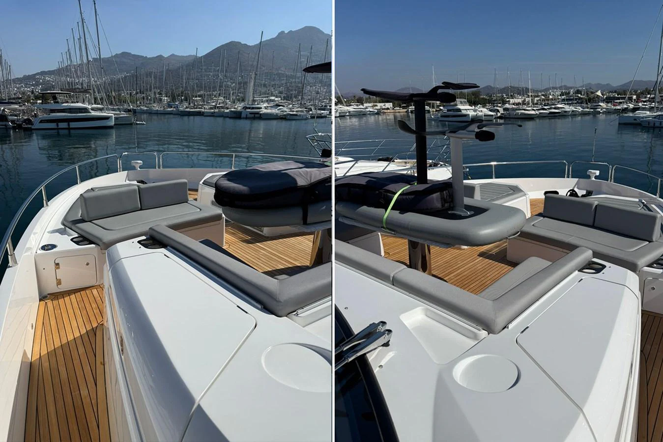 The foredeck of the yacht features comfortable seating and a sunbathing area with scenic marina views. aboard SVETLANA Yacht for Sale