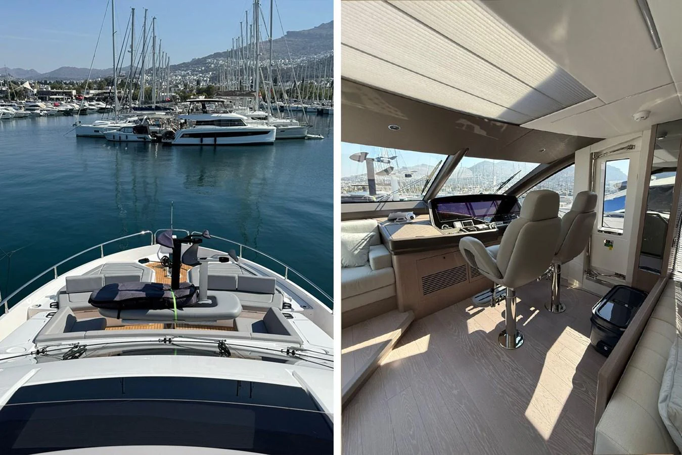 The yacht is docked in a serene marina, showcasing its spacious bow area and modern helm station. aboard SVETLANA Yacht for Sale