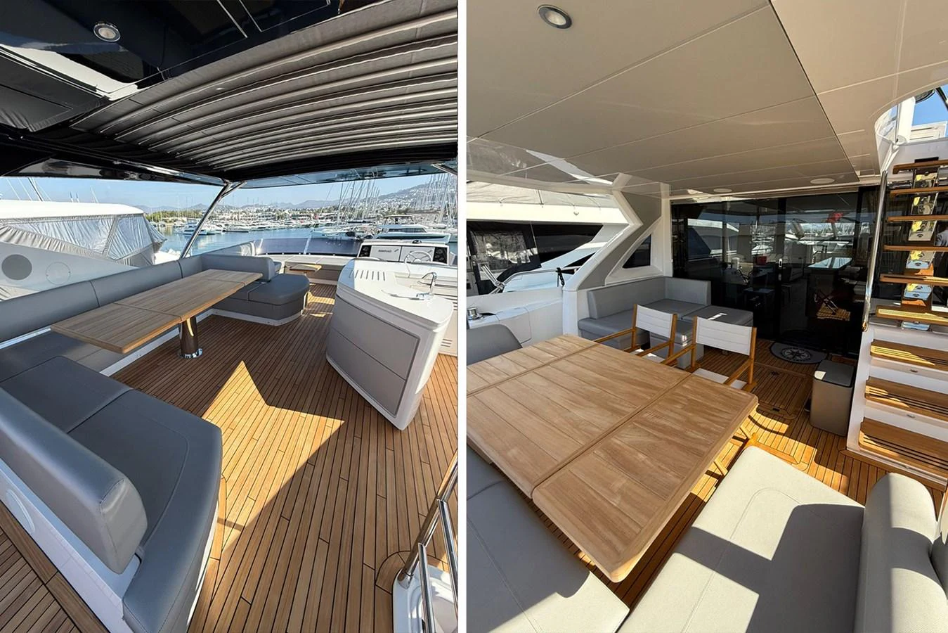 The yacht's aft deck features a spacious seating area with a wooden table, perfect for outdoor dining and relaxation. aboard SVETLANA Yacht for Sale