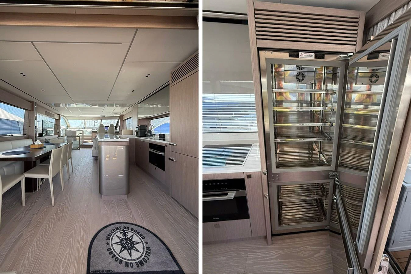 The yacht's galley and dining area feature modern appliances and elegant furnishings, creating a sophisticated and functional space. aboard SVETLANA Yacht for Sale