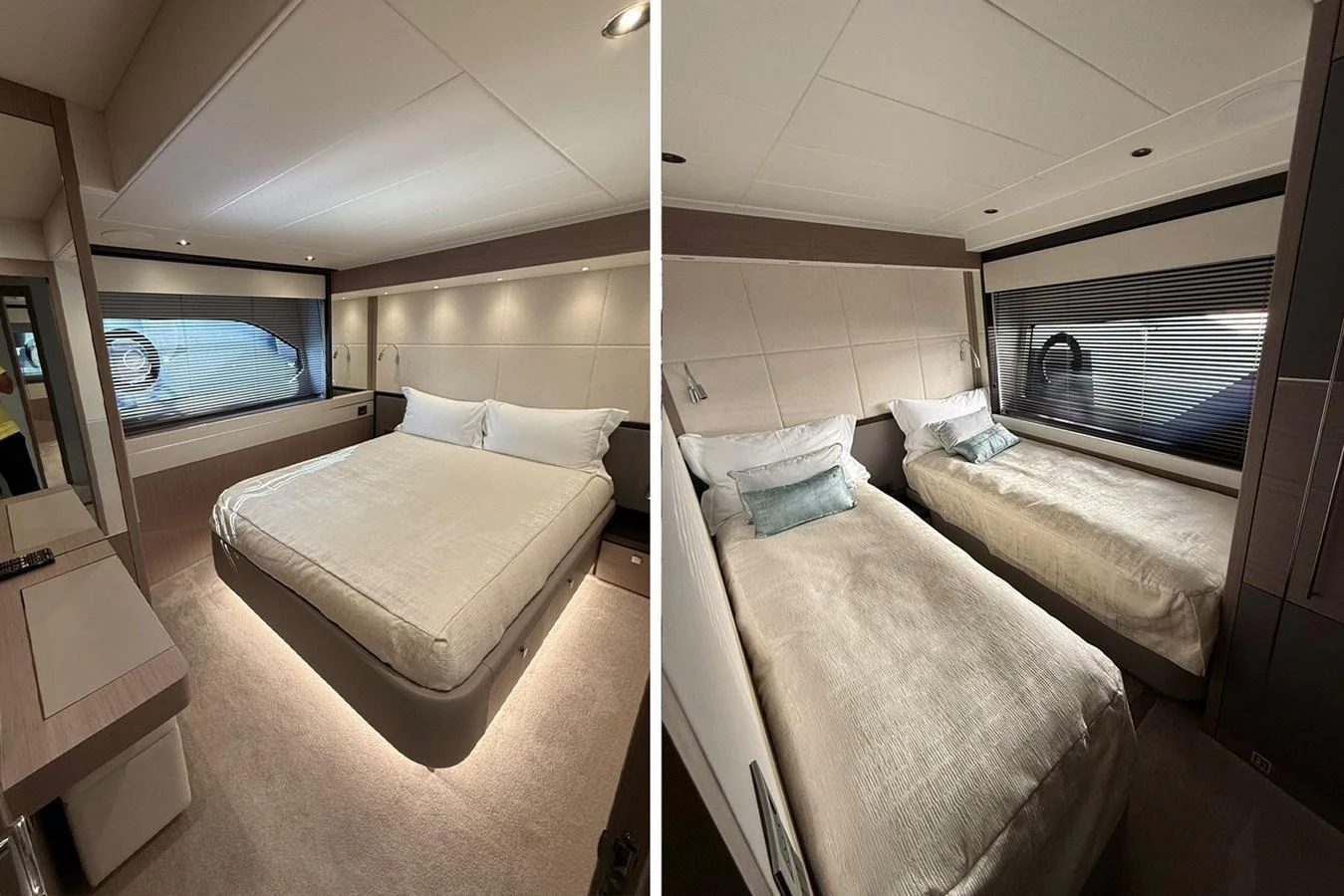 The image showcases a luxurious stateroom with a large bed and a twin bed setup, featuring modern design and ample natural light. aboard SVETLANA Yacht for Sale