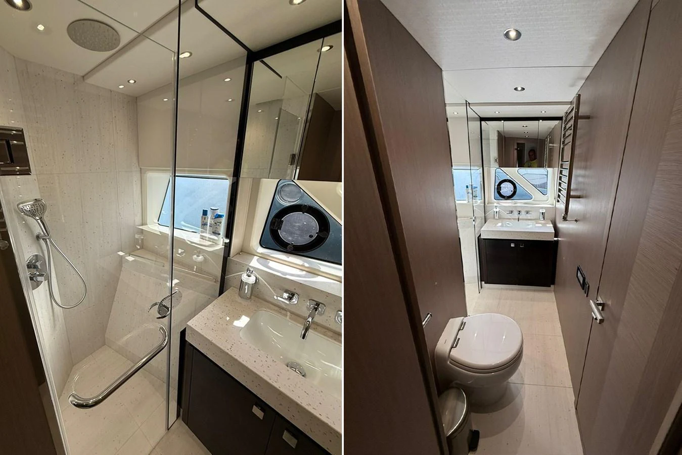 The yacht's bathroom features a sleek design with modern fixtures and ample lighting. aboard SVETLANA Yacht for Sale