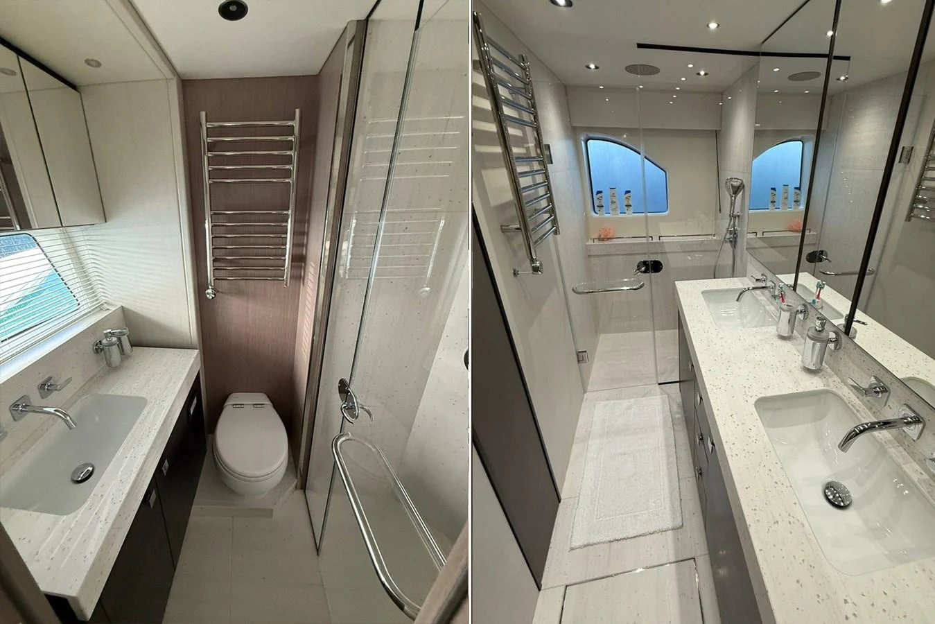The yacht's bathroom features modern fixtures and a sleek design. aboard SVETLANA Yacht for Sale