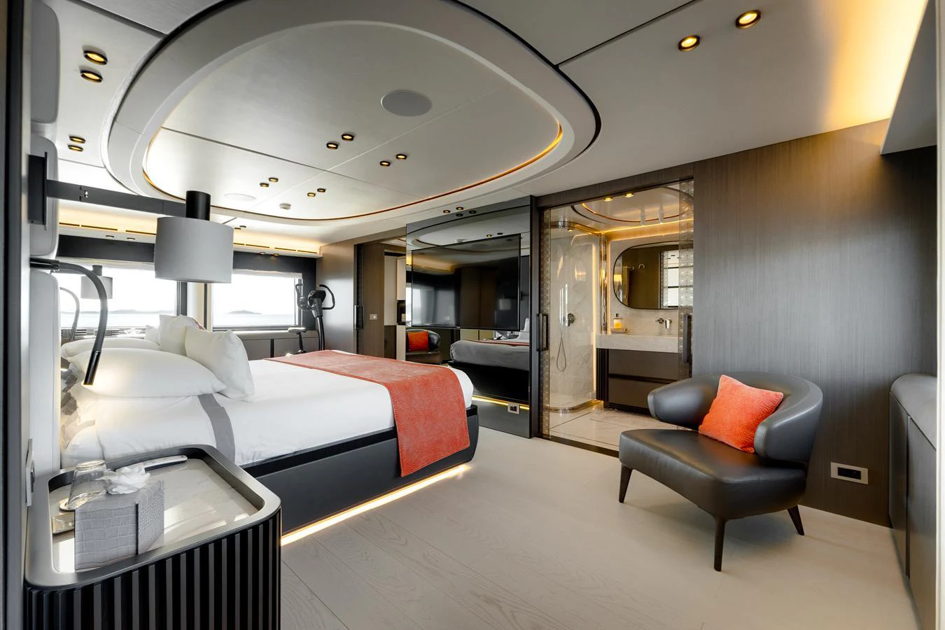 The master stateroom exudes modern elegance with its sleek design and luxurious amenities. aboard L.A.U.L. Yacht for Sale