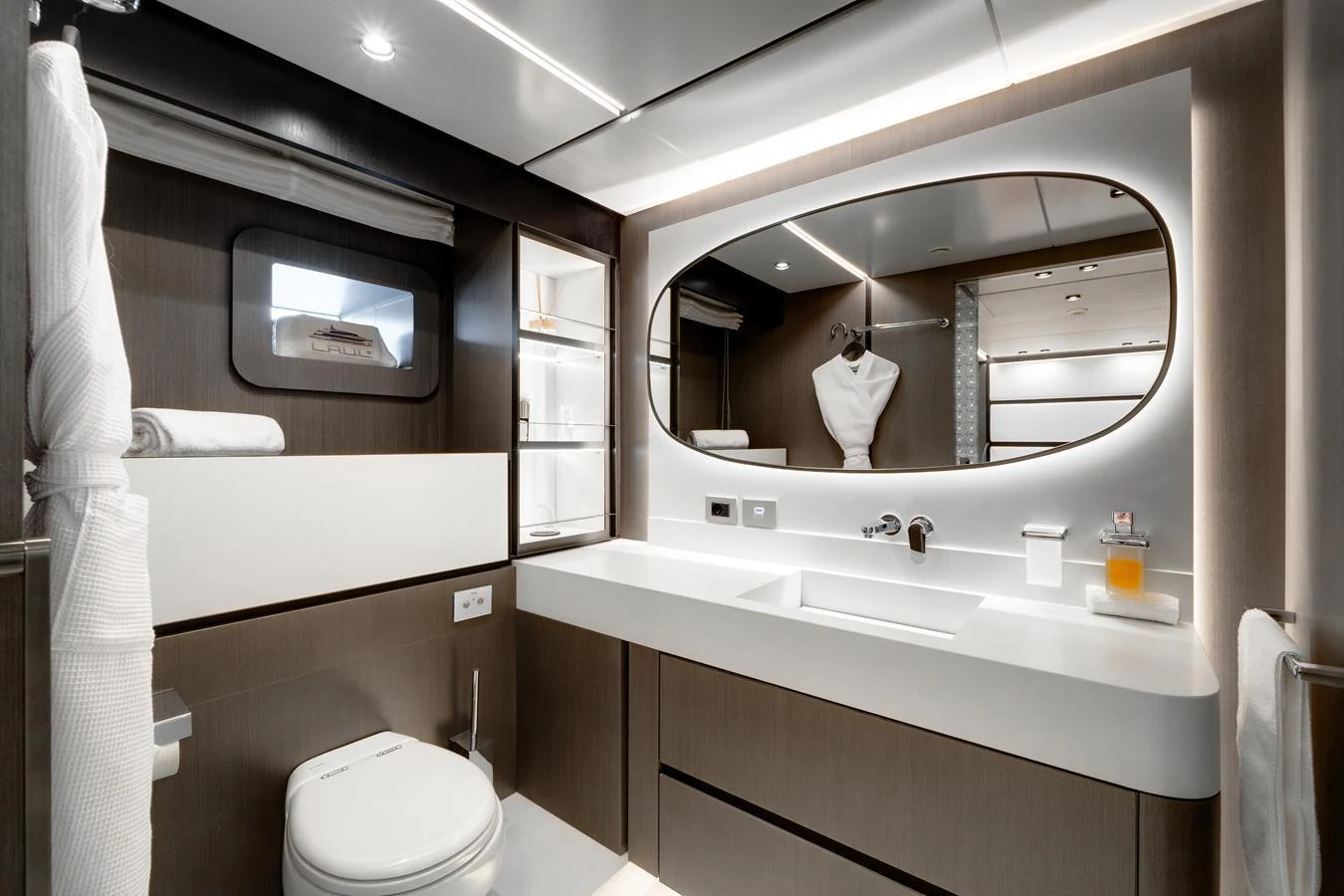 The yacht's bathroom features modern fixtures and a sleek design. aboard L.A.U.L. Yacht for Sale