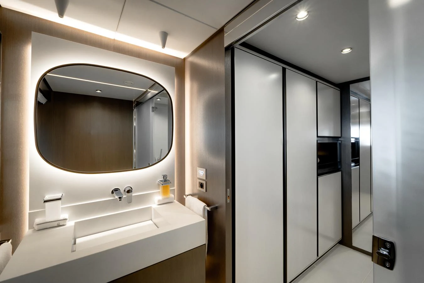 The yacht's bathroom features modern fixtures and a sleek design. aboard L.A.U.L. Yacht for Sale