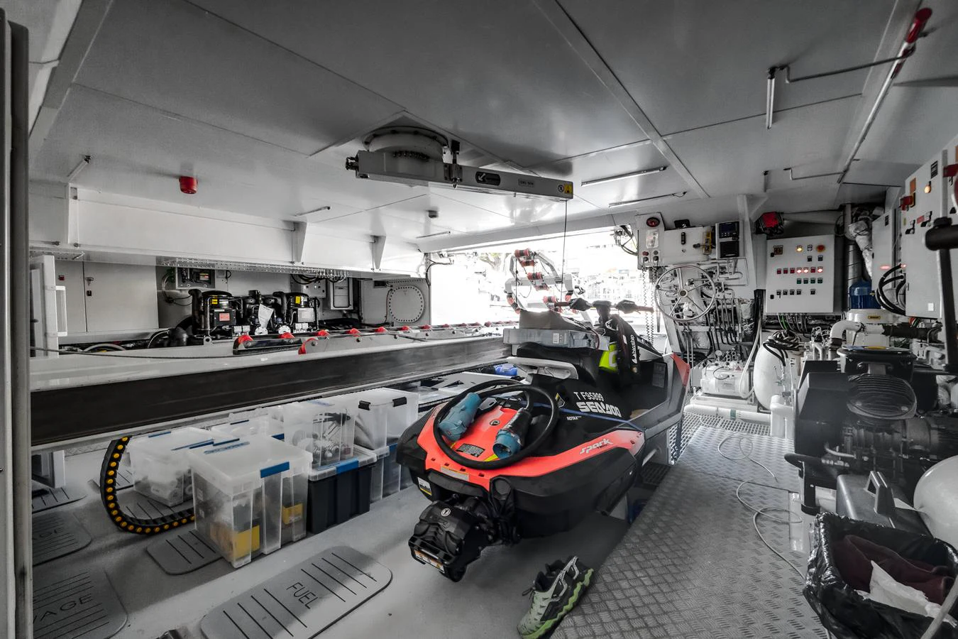 The yacht's garage houses a sleek jet ski, ready for thrilling water adventures. aboard L.A.U.L. Yacht for Sale