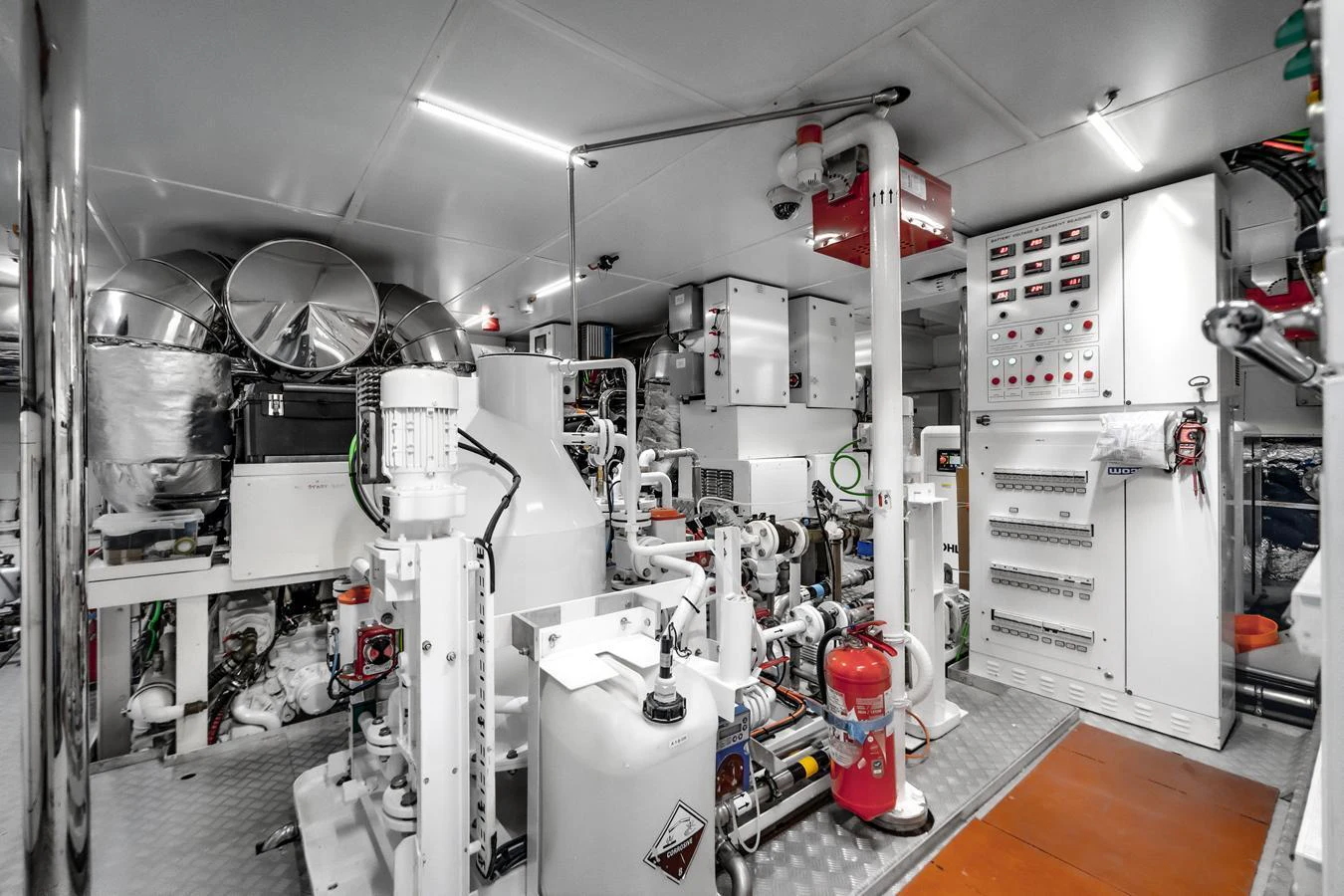 The yacht's engine room is equipped with advanced machinery and control panels, ensuring optimal performance and safety. aboard L.A.U.L. Yacht for Sale