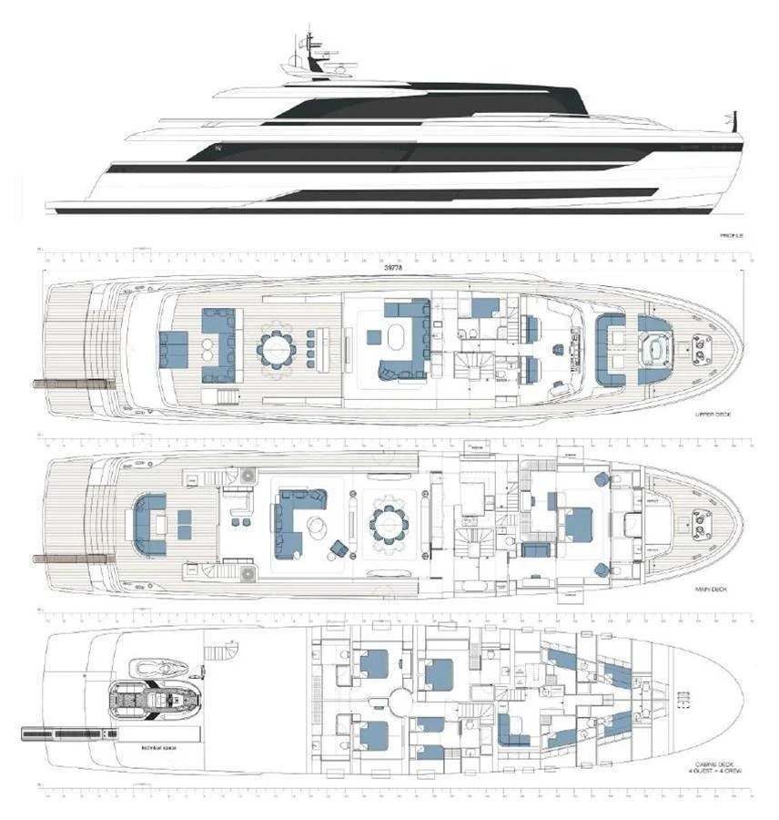 This image showcases the detailed deck plans of a luxurious yacht, highlighting various levels and amenities. aboard L.A.U.L. Yacht for Sale