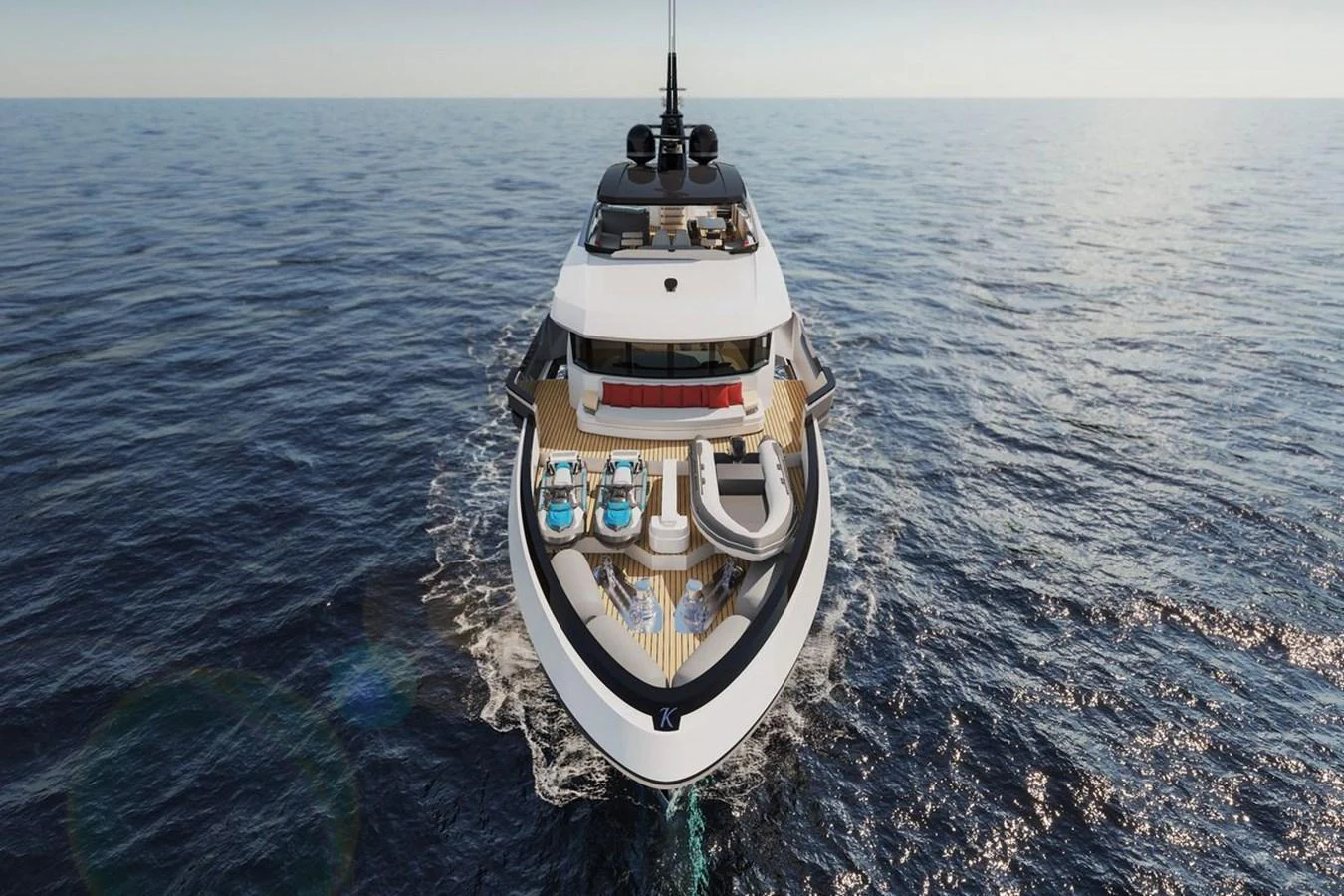 A luxurious yacht cruises through the open sea, showcasing its elegant design and spacious deck areas. aboard KANDO 110 Yacht for Sale