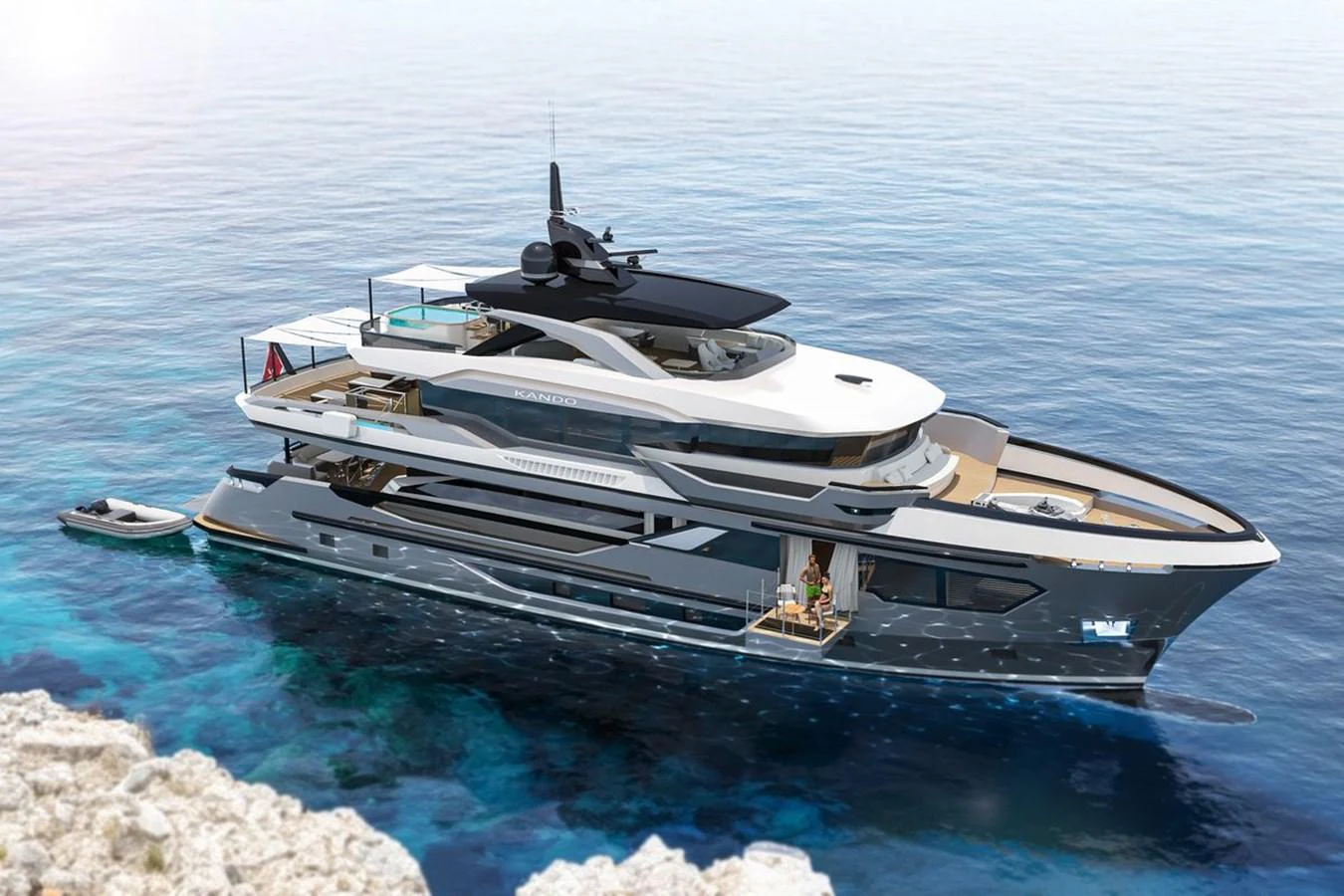A sleek and modern yacht is anchored in clear blue waters, showcasing its luxurious design and spacious decks. aboard KANDO 110 Yacht for Sale