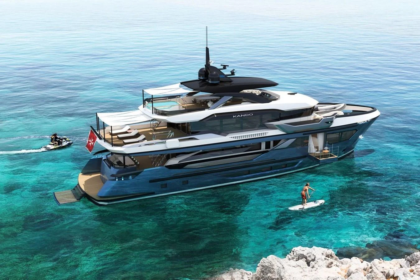 A sleek and modern yacht is anchored in clear turquoise waters, with a person paddleboarding nearby. aboard KANDO 110 Yacht for Sale