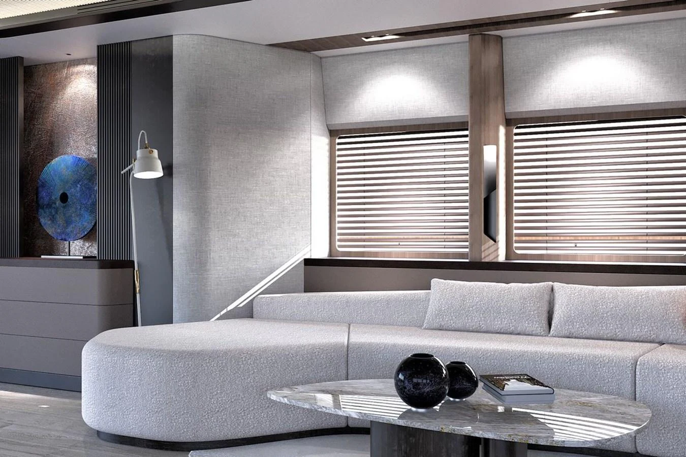 The yacht's salon features a modern and elegant design with plush seating and stylish decor. aboard KANDO 110 Yacht for Sale
