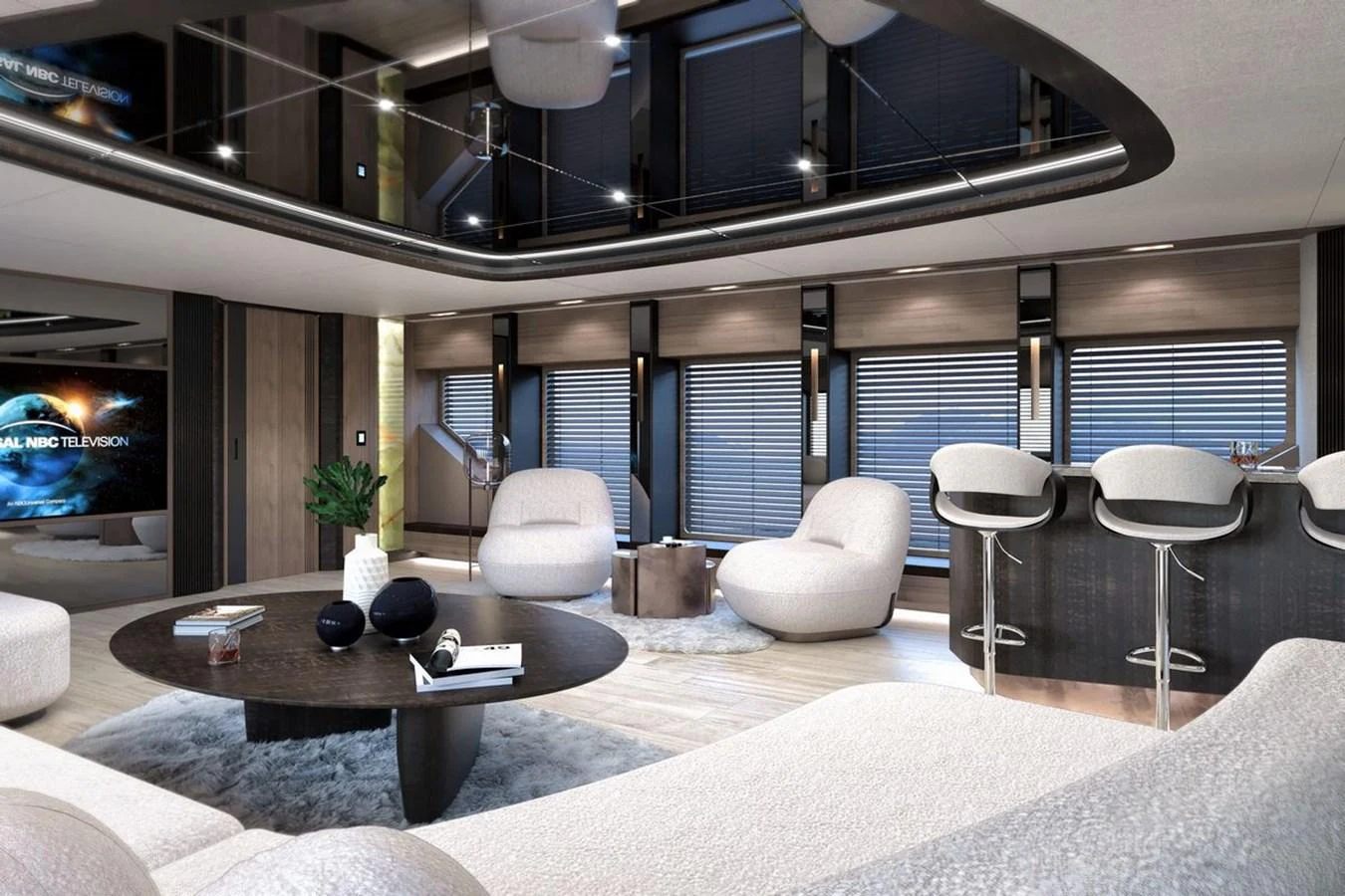 The salon features modern furnishings with plush seating and a sleek bar area, creating a luxurious and inviting atmosphere. aboard KANDO 110 Yacht for Sale