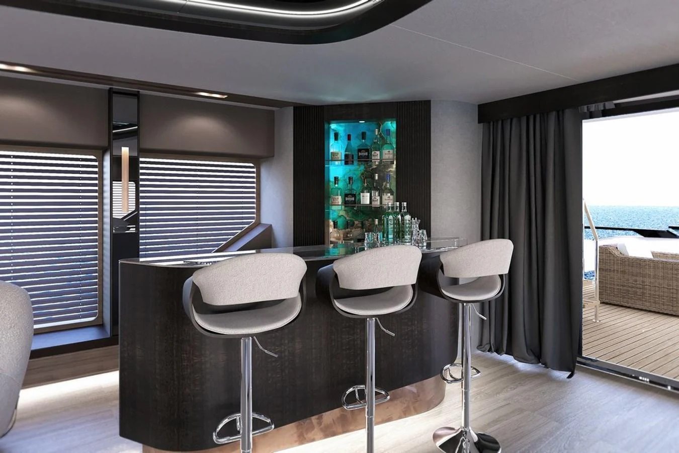 The yacht's interior features a stylish bar area with modern seating and a well-stocked selection of beverages. aboard KANDO 110 Yacht for Sale