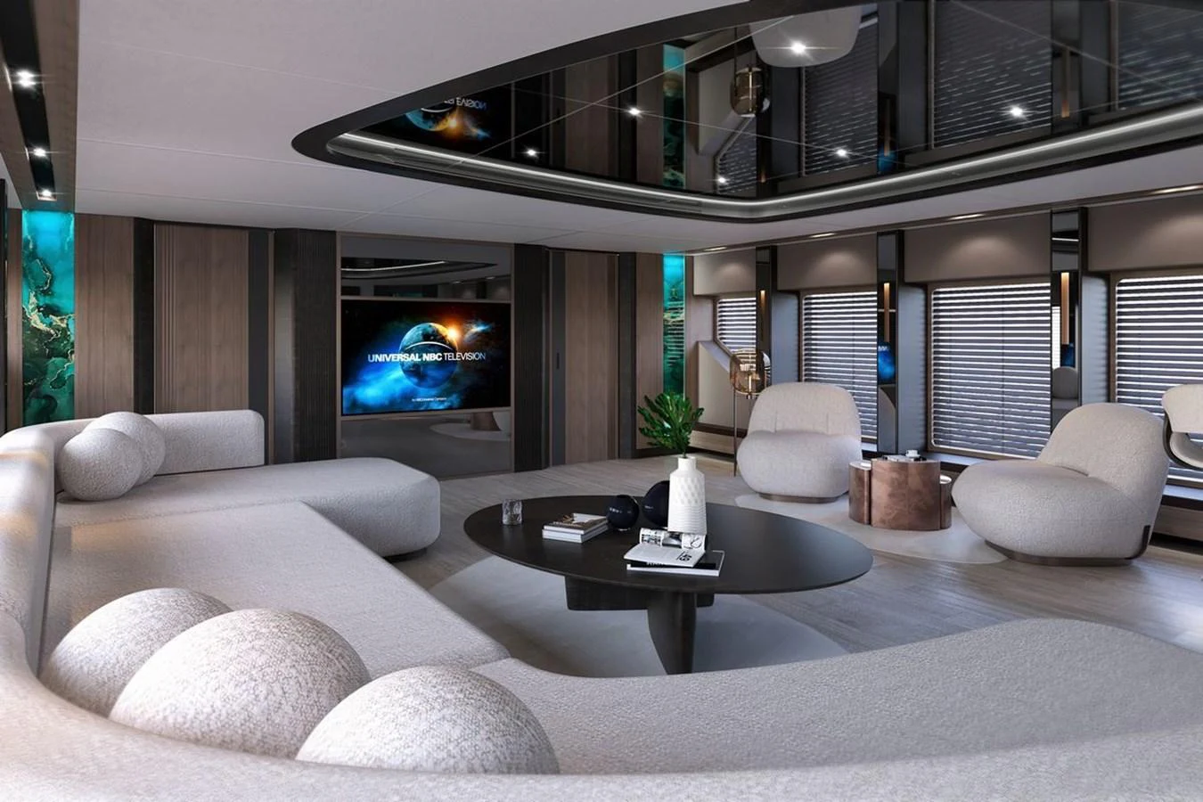 The salon features modern, luxurious seating with a large TV and stylish decor. aboard KANDO 110 Yacht for Sale