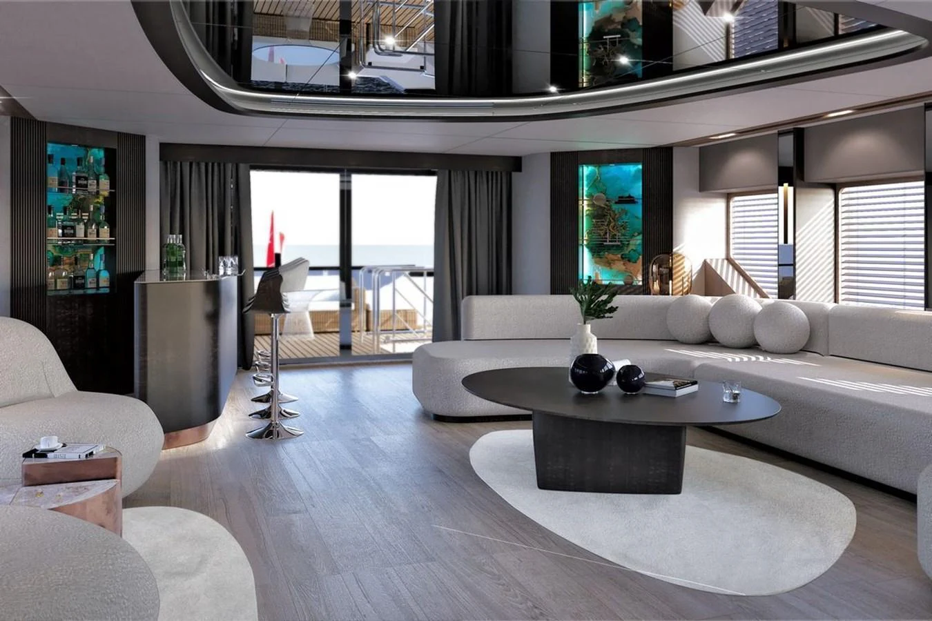 The salon features elegant furnishings with a modern design, offering a luxurious and comfortable space for relaxation. aboard KANDO 110 Yacht for Sale
