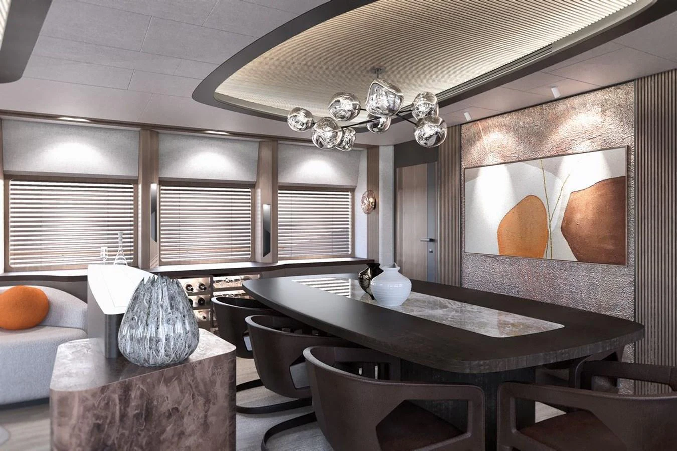 The yacht's dining area features a modern design with elegant furnishings and contemporary lighting. aboard KANDO 110 Yacht for Sale