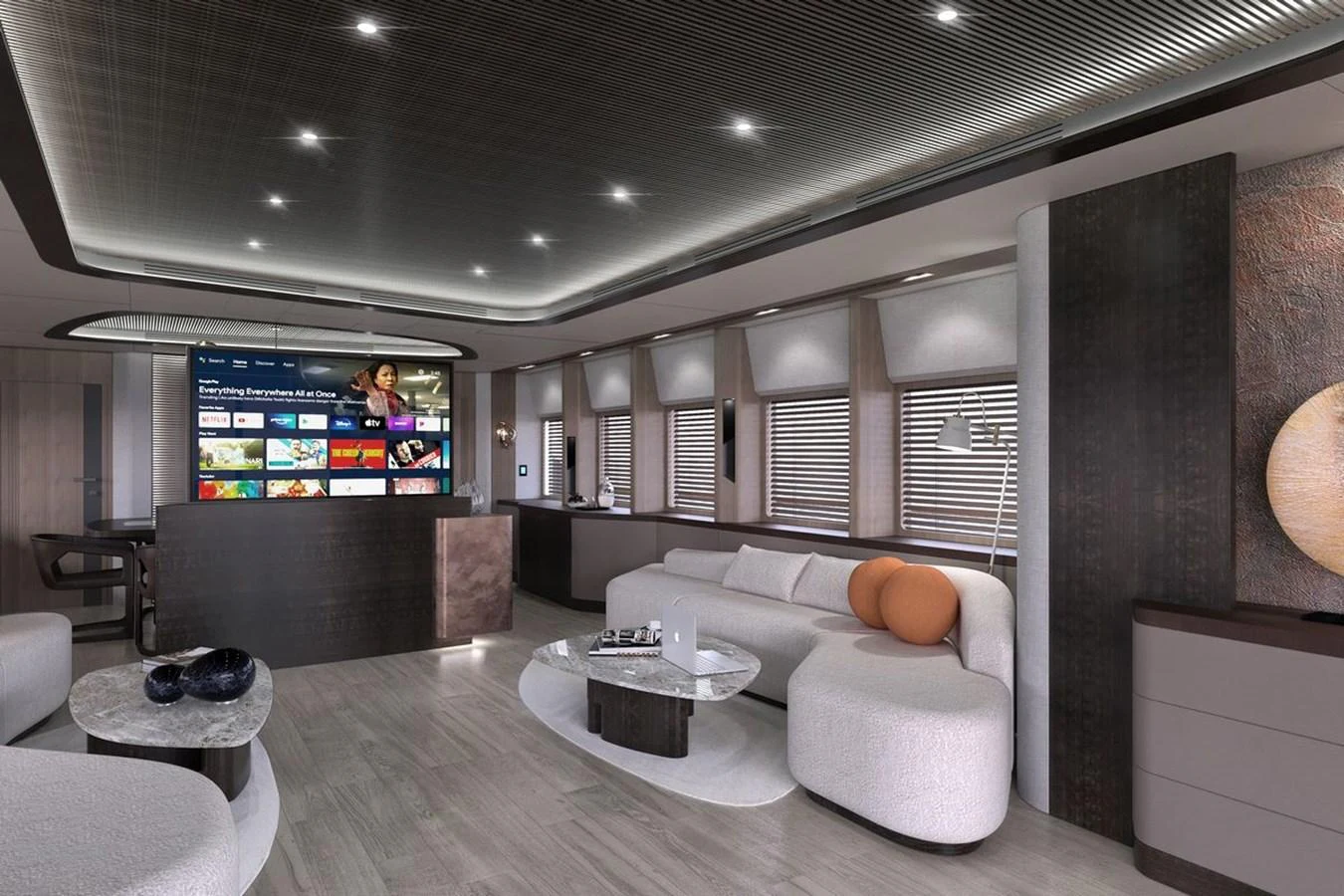 The salon features a modern entertainment system with luxurious seating and contemporary decor. aboard KANDO 110 Yacht for Sale