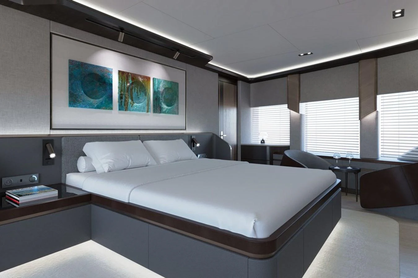 The master stateroom features a luxurious bed with modern decor and ample natural light. aboard KANDO 110 Yacht for Sale