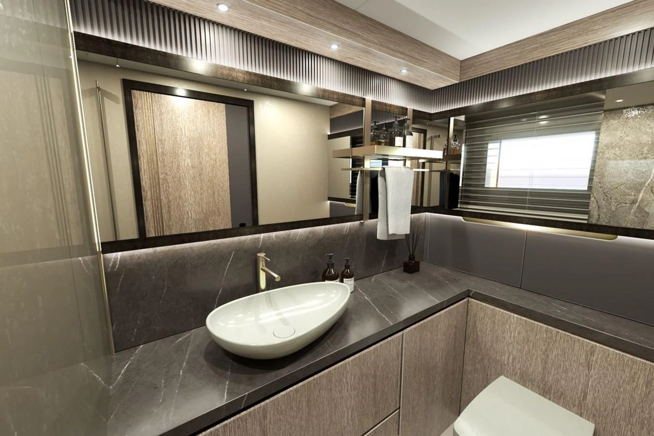 The yacht's bathroom features a modern design with elegant fixtures and ample lighting. aboard KANDO 110 Yacht for Sale