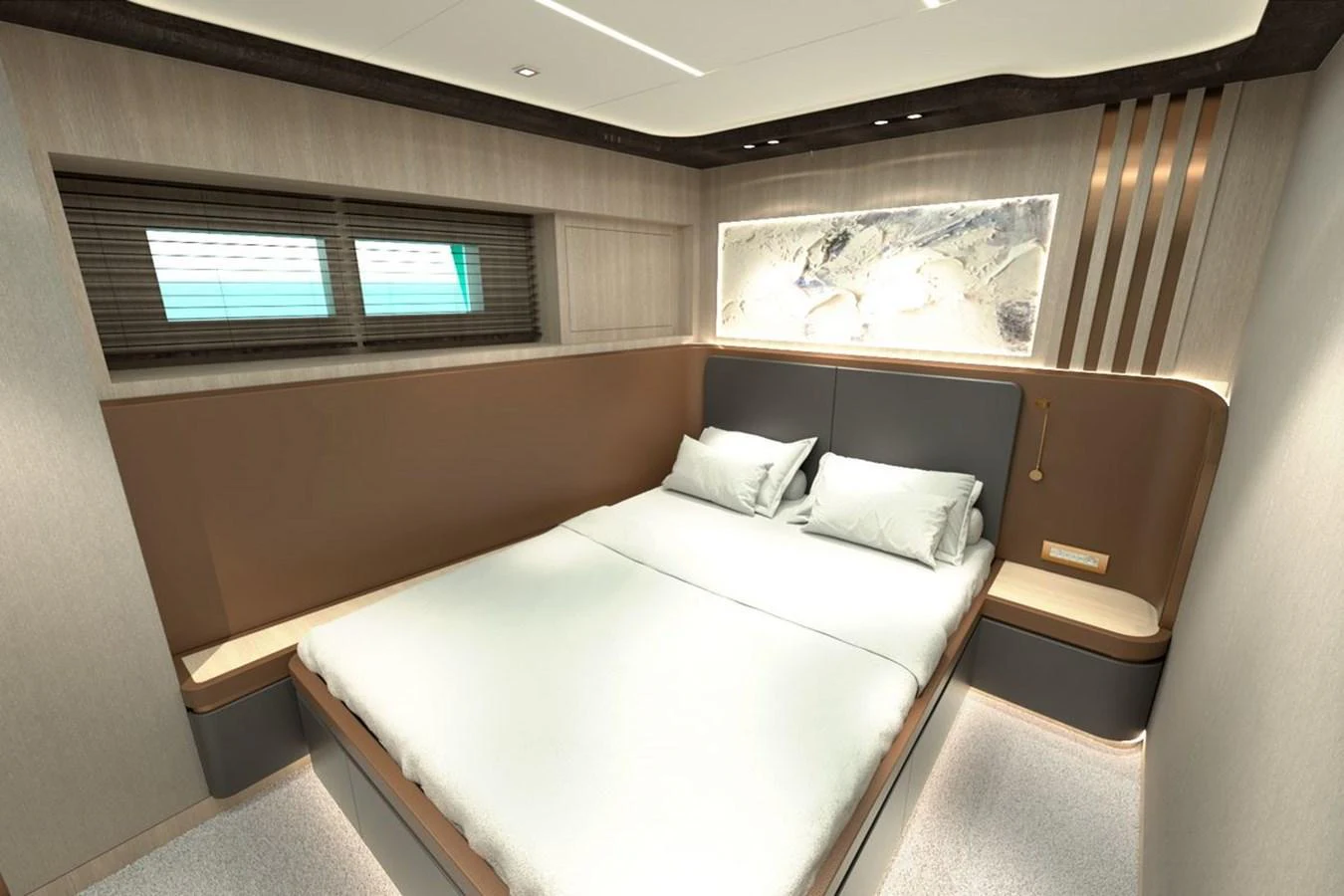 A cozy and modern stateroom with a double bed and elegant decor. aboard KANDO 110 Yacht for Sale