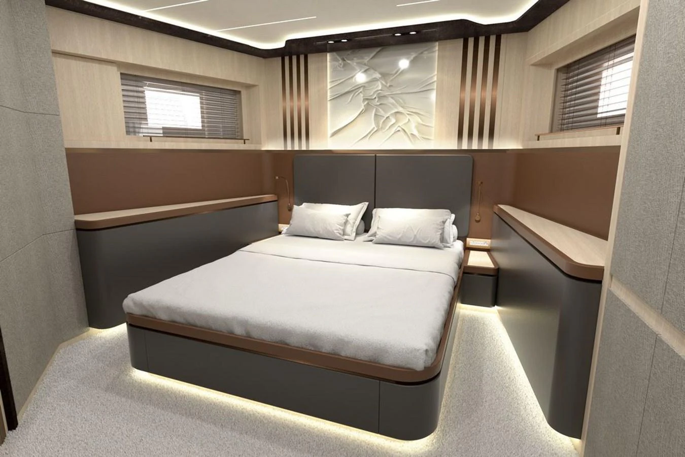 The master stateroom features a luxurious bed with modern design elements and ambient lighting. aboard KANDO 110 Yacht for Sale