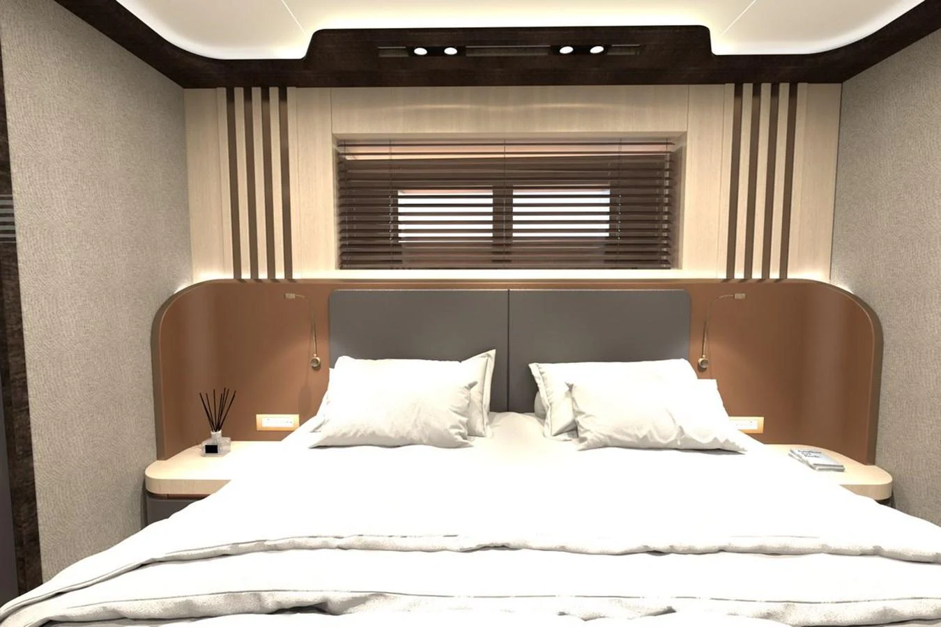 The stateroom features a luxurious bed with modern design elements and ambient lighting. aboard KANDO 110 Yacht for Sale