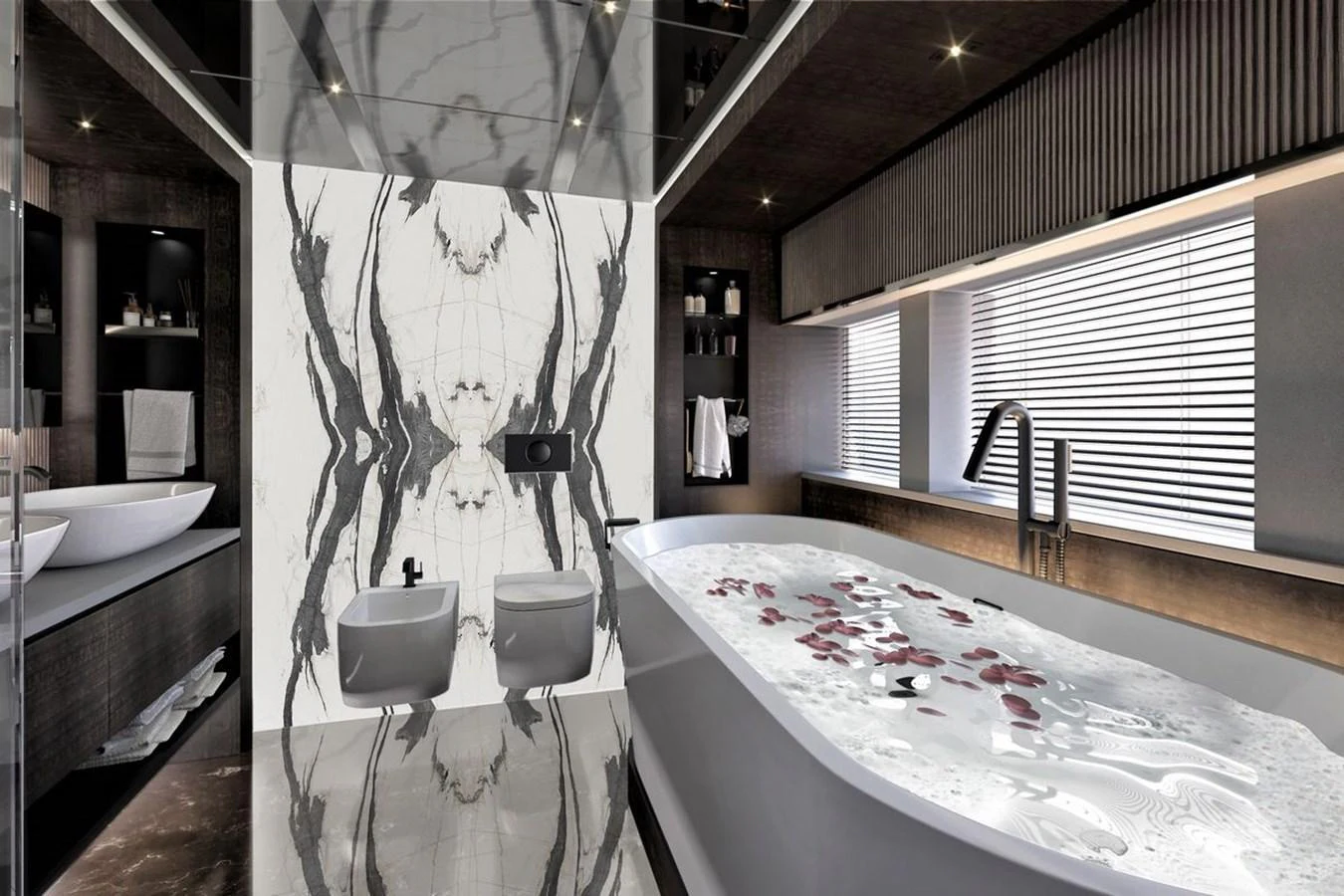 The yacht's bathroom features a luxurious bathtub, modern fixtures, and elegant marble accents. aboard KANDO 110 Yacht for Sale