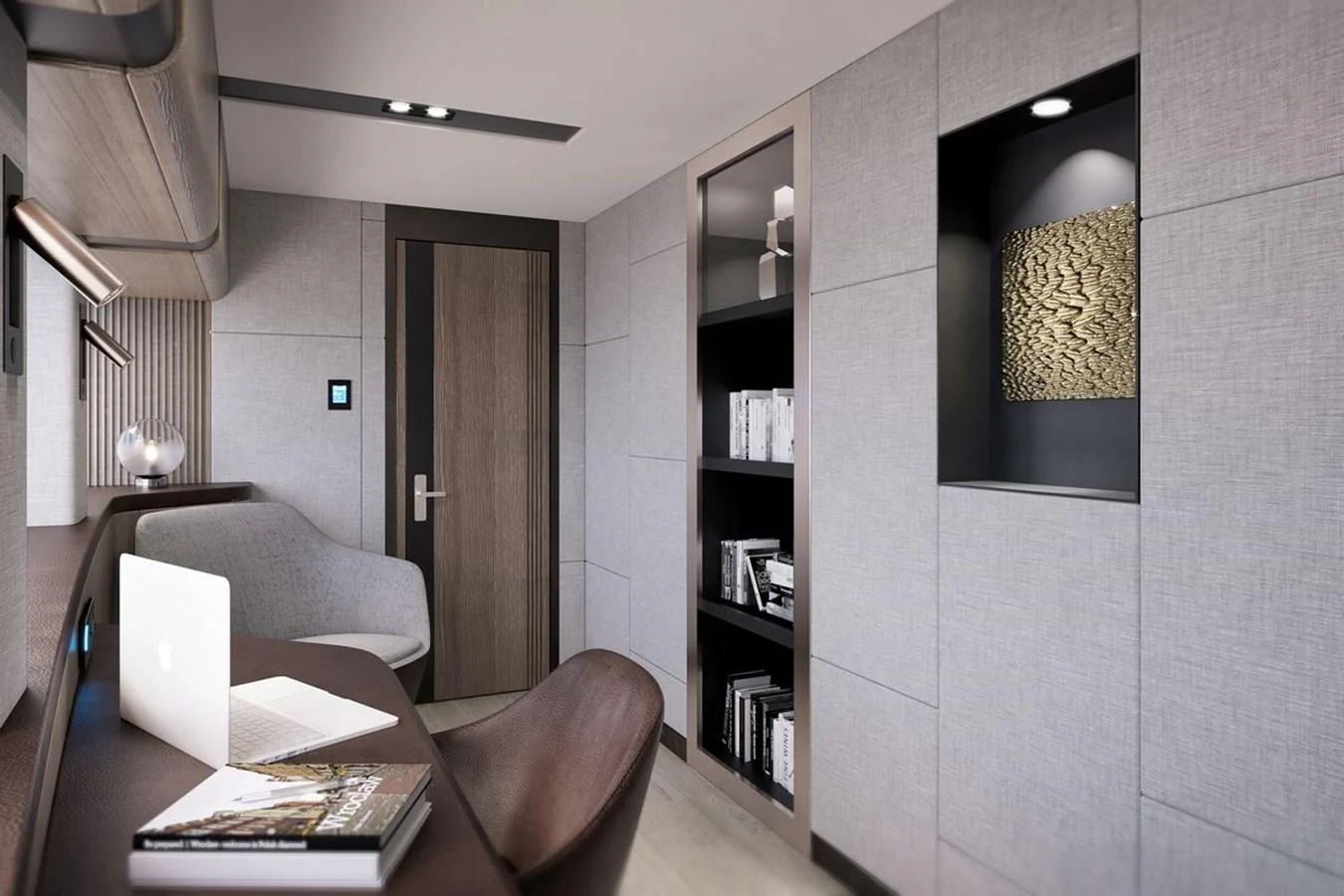 A sophisticated yacht interior featuring a modern office space with sleek furnishings. aboard KANDO 110 Yacht for Sale