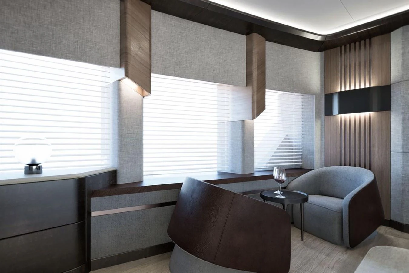 The yacht's interior features a modern seating area with sleek furnishings and ample natural light. aboard KANDO 110 Yacht for Sale