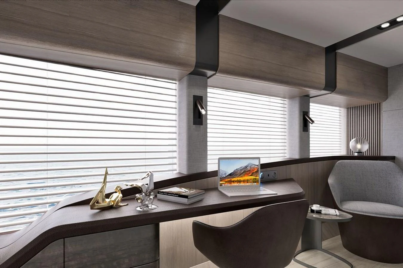 A modern yacht office with sleek furnishings and ample natural light. aboard KANDO 110 Yacht for Sale