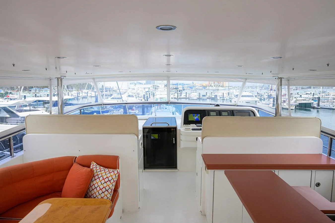 inside of a building with a view of the water and the city aboard DUNIA Yacht for Sale