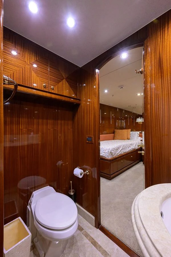 a bathroom with a large mirror aboard DUNIA Yacht for Sale