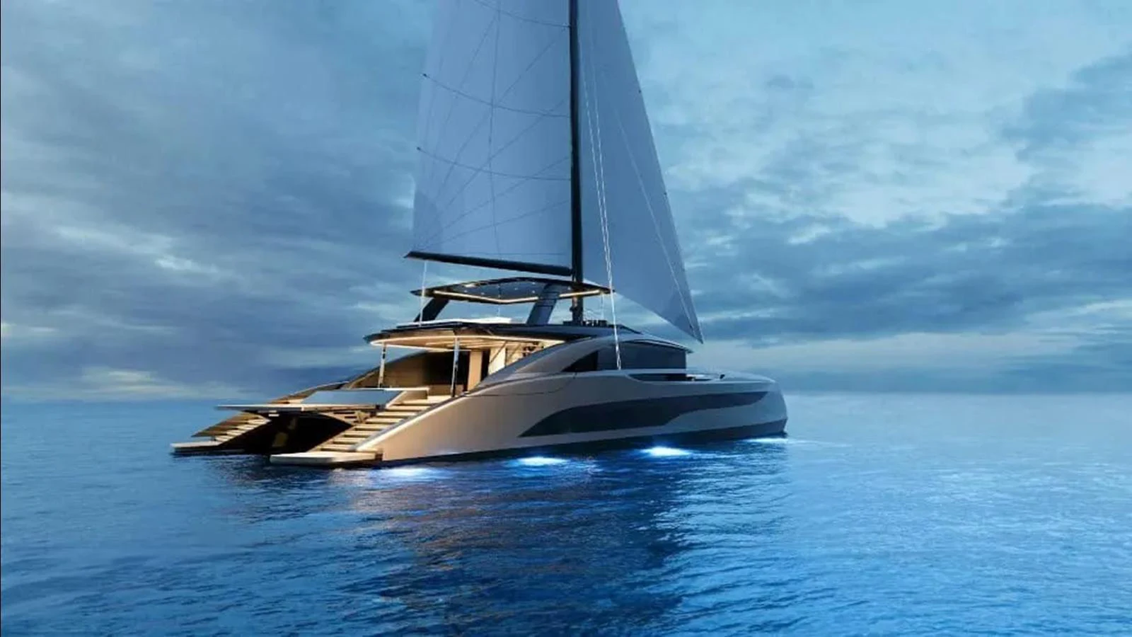 A sleek sailing yacht glides gracefully on calm waters under a serene sky. aboard SUNREEF 100 INFINITY Yacht for Sale