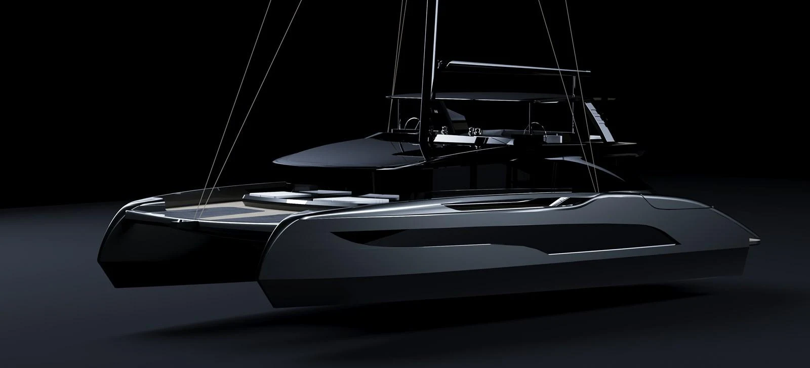 A sleek, modern catamaran yacht with a dark, sophisticated design. aboard SUNREEF 100 INFINITY Yacht for Sale