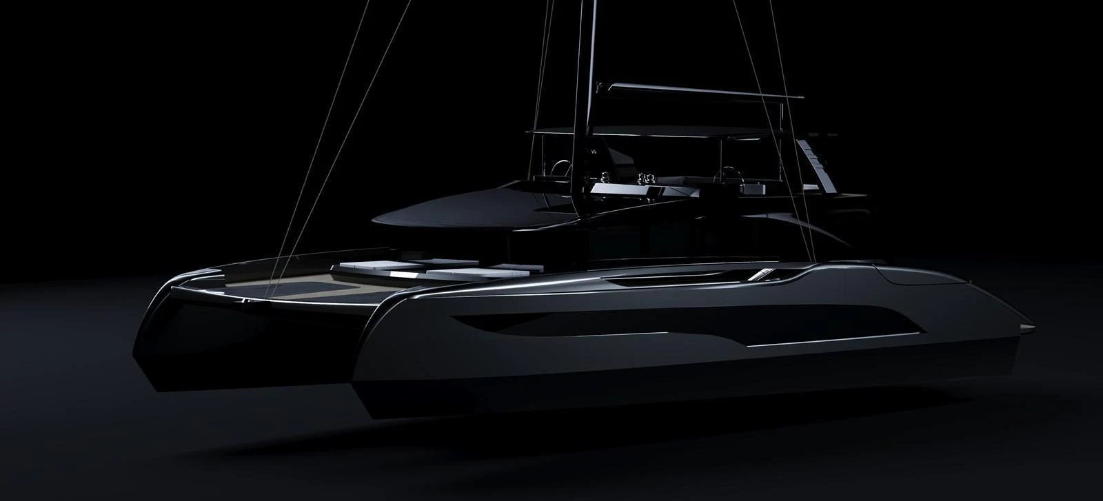 A sleek and modern catamaran yacht with a striking black finish is showcased against a dark background. aboard SUNREEF 100 INFINITY Yacht for Sale