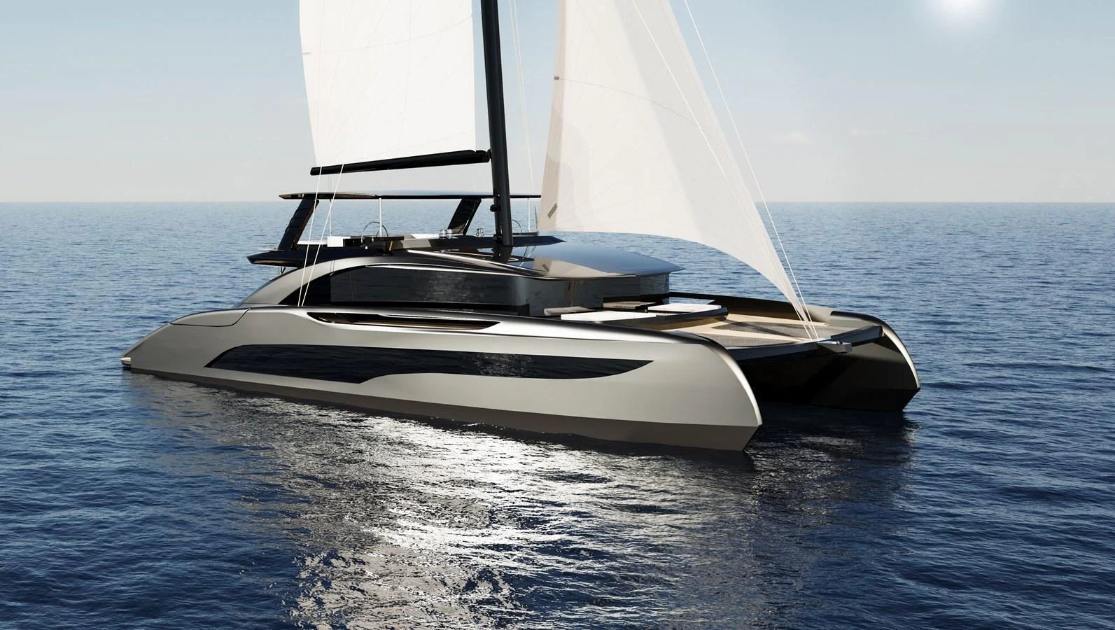 A sleek and modern catamaran yacht glides gracefully on calm waters under clear skies. aboard SUNREEF 100 INFINITY Yacht for Sale