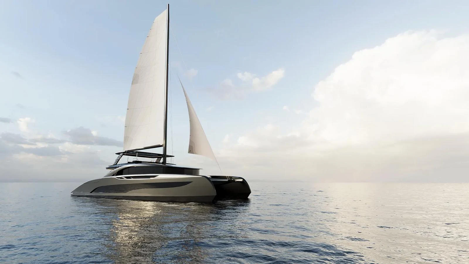A sleek, modern catamaran glides gracefully on calm waters under a clear sky. aboard SUNREEF 100 INFINITY Yacht for Sale