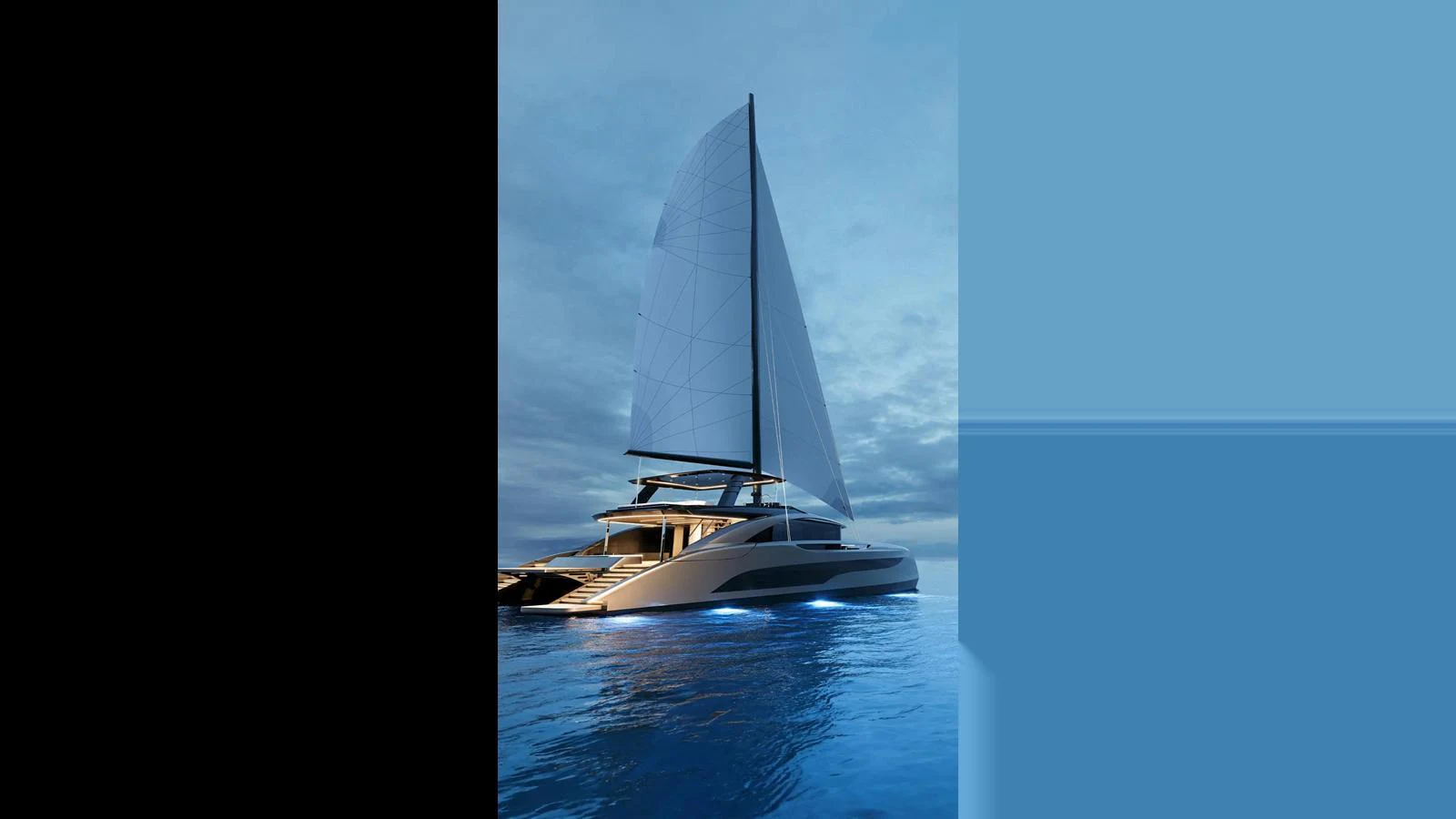 A sleek and modern sailing yacht glides on calm waters at dusk, illuminated by underwater lights. aboard SUNREEF 100 INFINITY Yacht for Sale