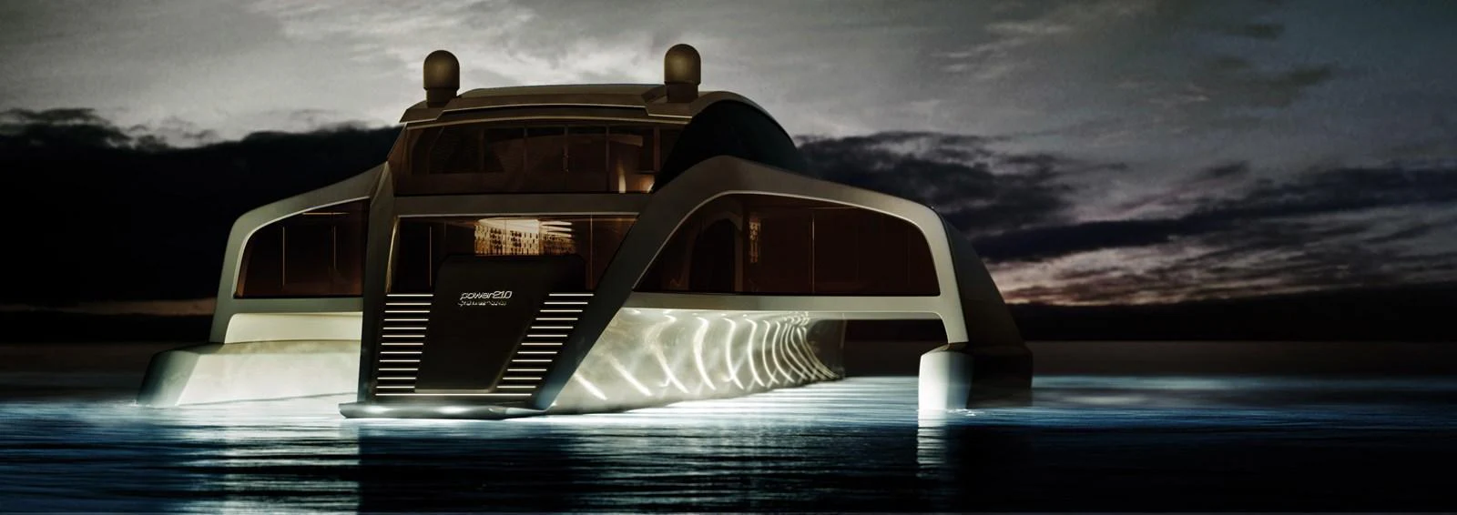 A sleek and modern yacht is illuminated against a dramatic evening sky, showcasing its futuristic design and elegant lines. aboard 210 SUNREEF POWER TRIMARAN Yacht for Sale