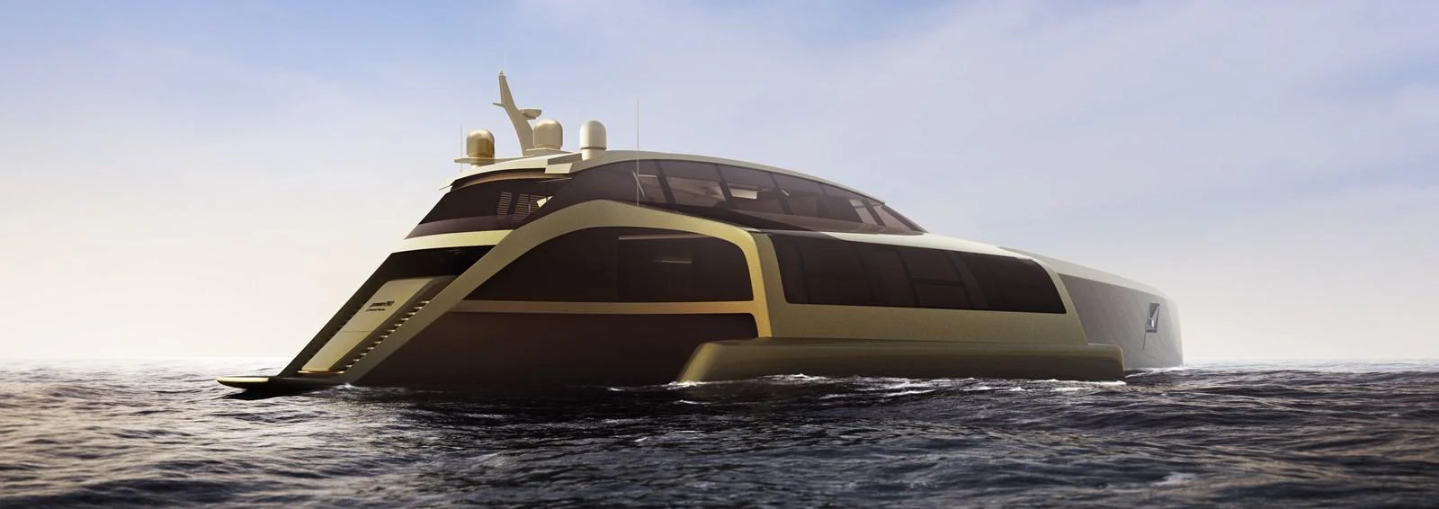 A sleek and modern yacht cruising on calm waters under a clear sky. aboard 210 SUNREEF POWER TRIMARAN Yacht for Sale