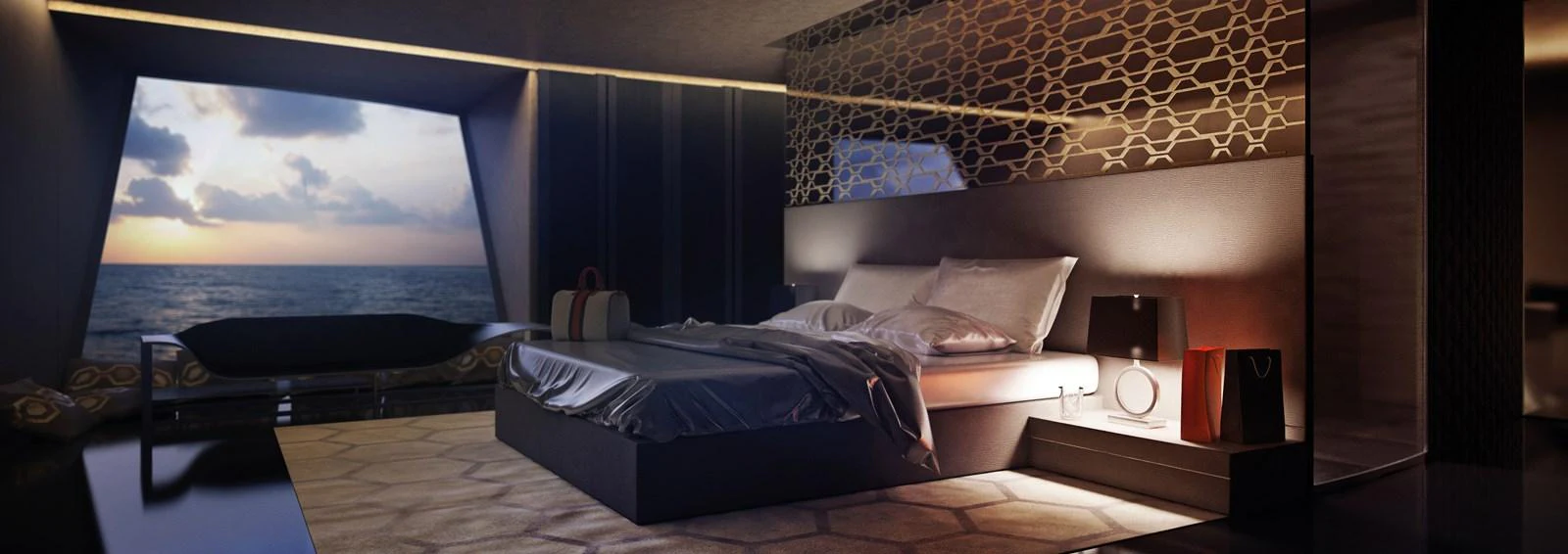 A luxurious stateroom with a large bed and a stunning ocean view through the window. aboard 210 SUNREEF POWER TRIMARAN Yacht for Sale
