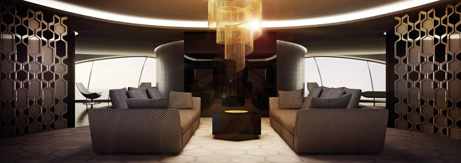 The salon features luxurious seating and a striking modern chandelier, creating an elegant and inviting atmosphere. aboard 210 SUNREEF POWER TRIMARAN Yacht for Sale
