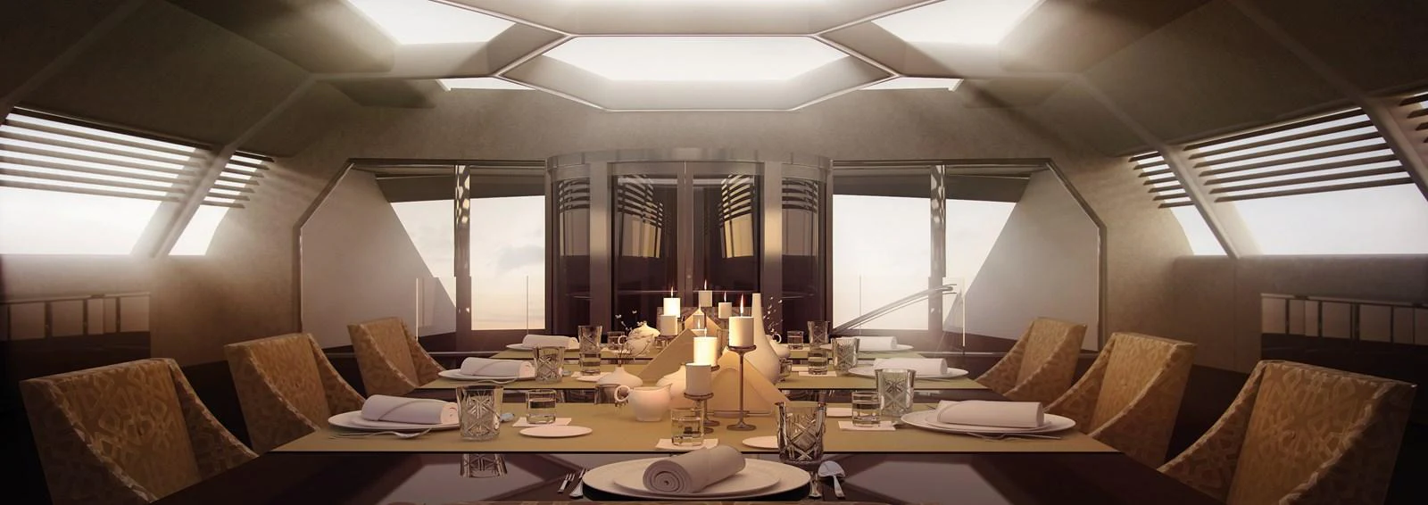 The yacht's dining area features elegant table settings and ambient lighting, creating a luxurious atmosphere for meals. aboard 210 SUNREEF POWER TRIMARAN Yacht for Sale
