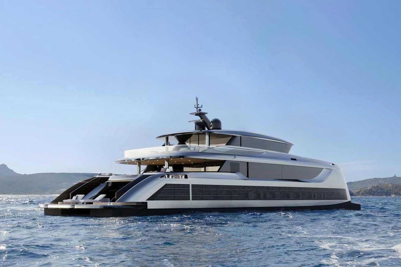 A sleek and modern yacht cruising on the open water under a clear blue sky. aboard 40M SUNREEF EXPLORER ECO Yacht for Sale