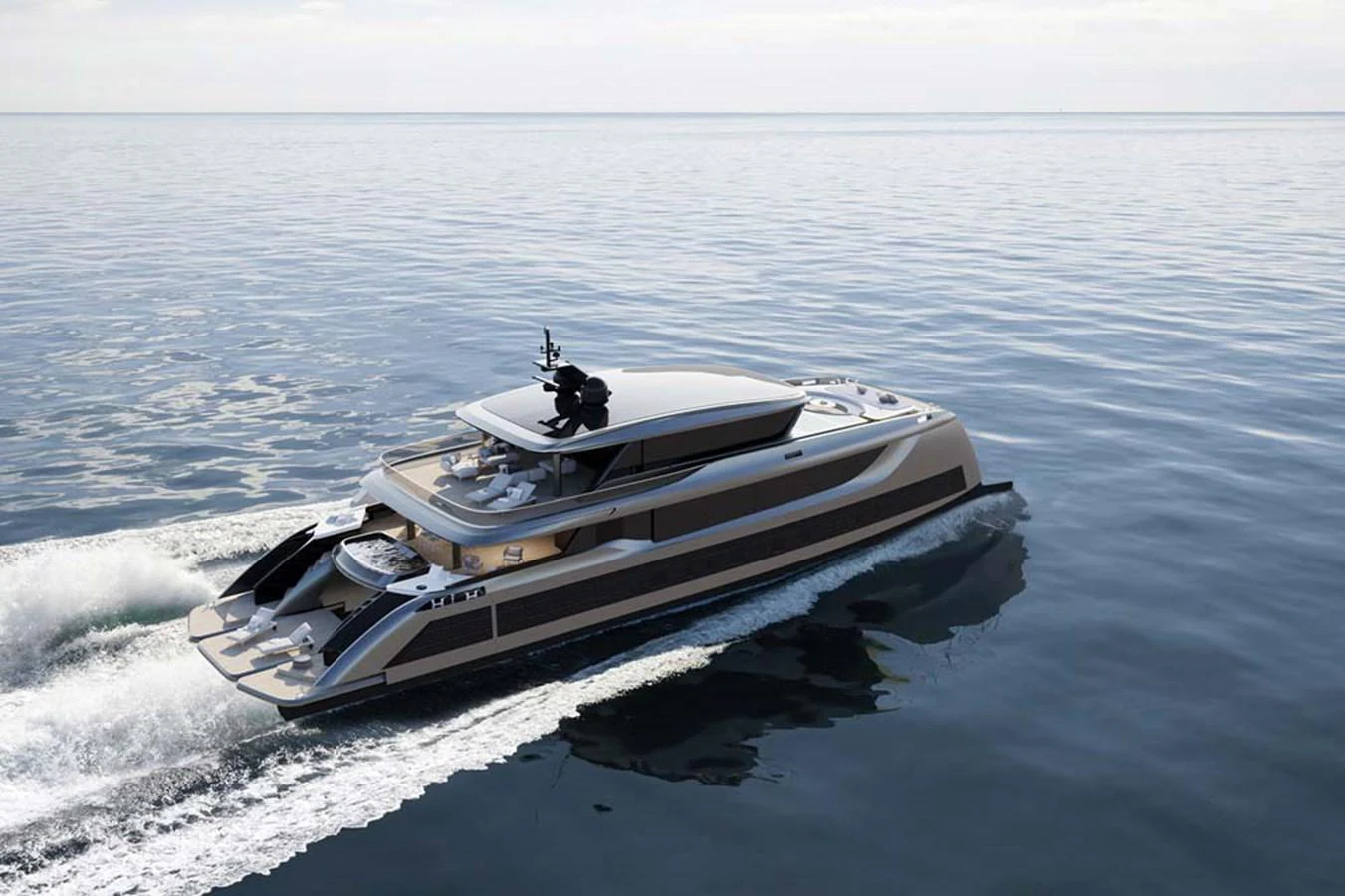 A sleek yacht cruises smoothly on calm waters, showcasing its modern design. aboard 40M SUNREEF EXPLORER ECO Yacht for Sale