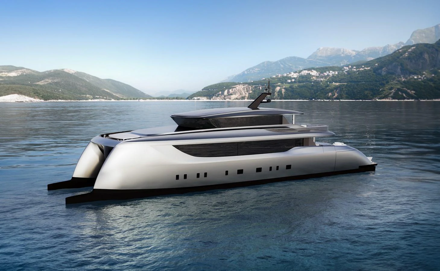 A sleek and modern yacht glides gracefully on calm waters with a stunning mountainous backdrop. aboard 40M SUNREEF EXPLORER ECO Yacht for Sale